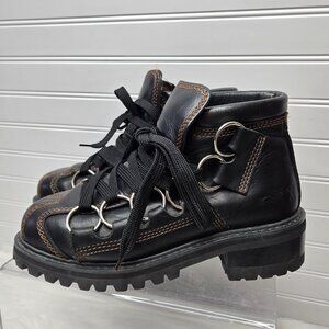 Vintage GBX SIXX Ring Lug Boots Men's 8M Black Leather Punk Goth Combat Chunky